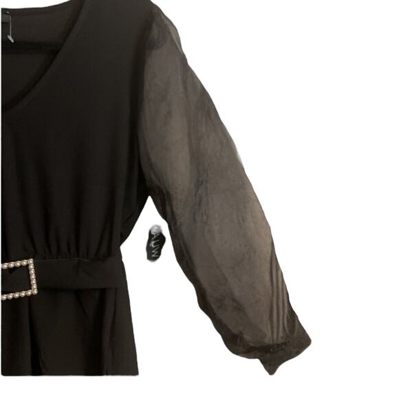 AUW Dressy Blouse Women's Size M Black Sheer Long Sleeves Gold Pearl Belt - Picture 4 of 12